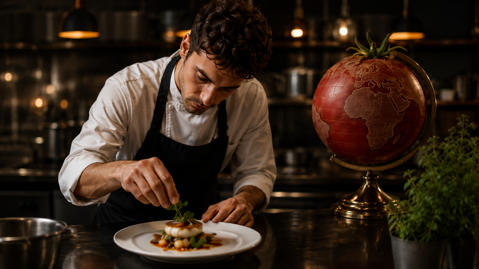 Chef emplatando junto a un globo terráqueo con forma de tomate